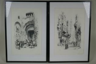 Sir William Ashton, Cairo street scenes, pair of signed etchings, both 44 x 28cm