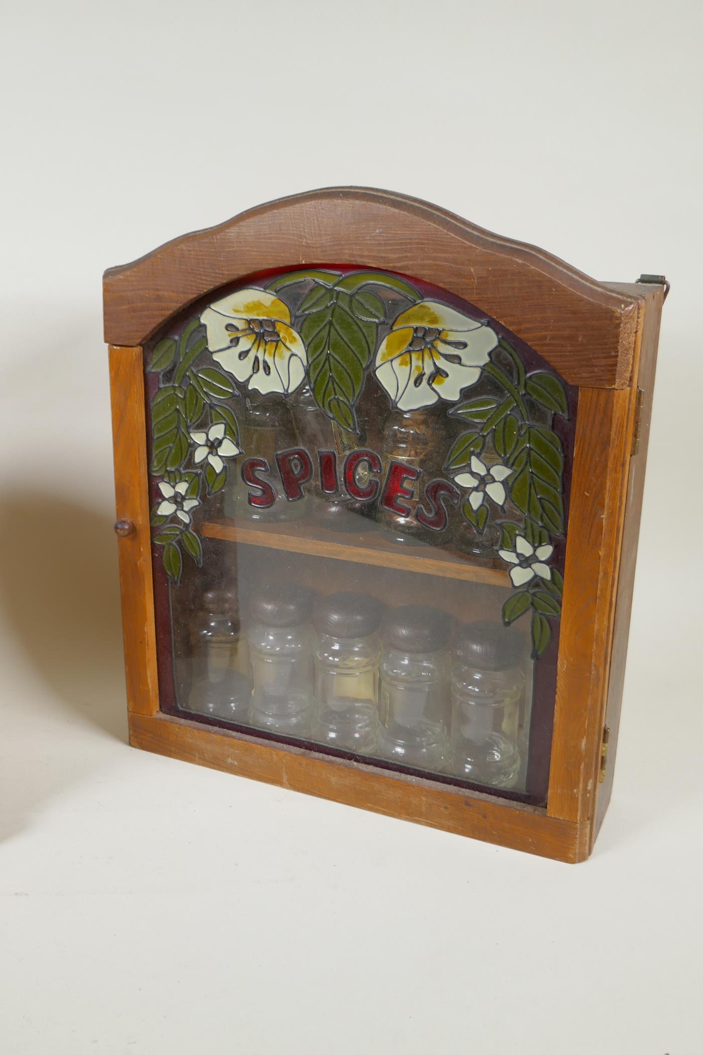 A painted and distressed wood jewellery chest with metal straps, and a hanging glass fronted spice - Image 3 of 4