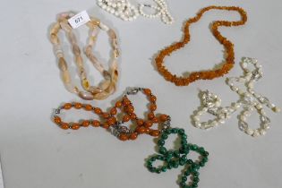 A string of natural amber, agate and pearls, malachite etc