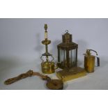 A brass lantern, 40cm high, a pressurised spray can, kettle, Salter's Class III spring balance etc