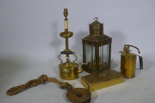 A brass lantern, 40cm high, a pressurised spray can, kettle, Salter's Class III spring balance etc
