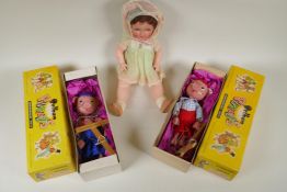 Two vintage Pelham Puppets, Pinky and Perky, in original boxes, and a British composition Dean's
