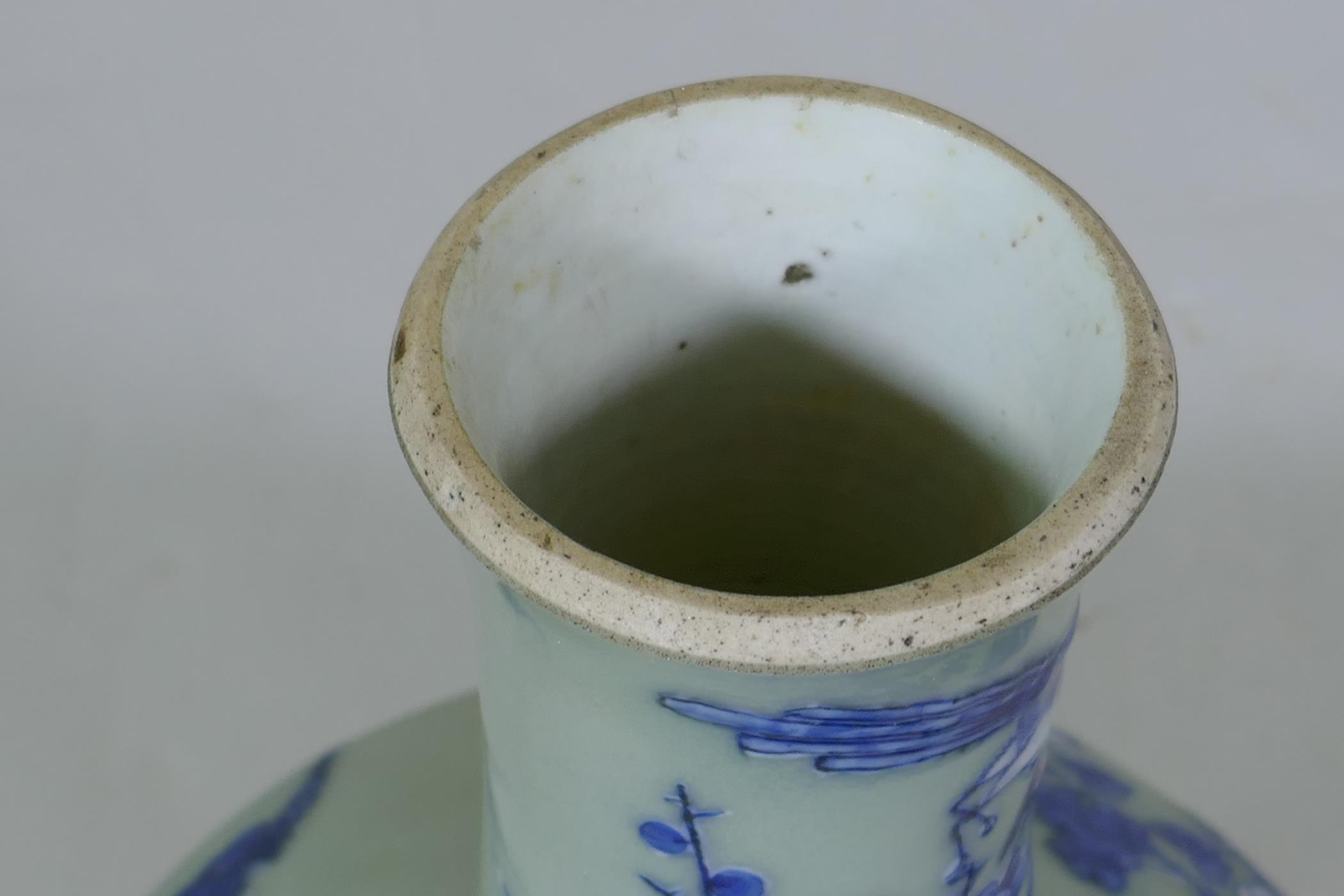 A Chinese celadon glazed vase with raised blue and white decoration of birds and bats, C19th/ - Image 5 of 6