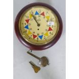 A fusee wall clock with R.A.F. style painted dial and wood case, 33cm diameter, dial 23cm