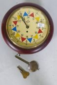 A fusee wall clock with R.A.F. style painted dial and wood case, 33cm diameter, dial 23cm