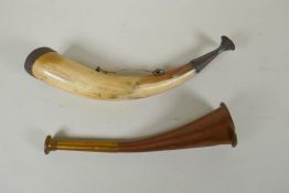 An antique copper and brass hunting horn, and a metal mounted cow horn hunting horn, largest 28cm