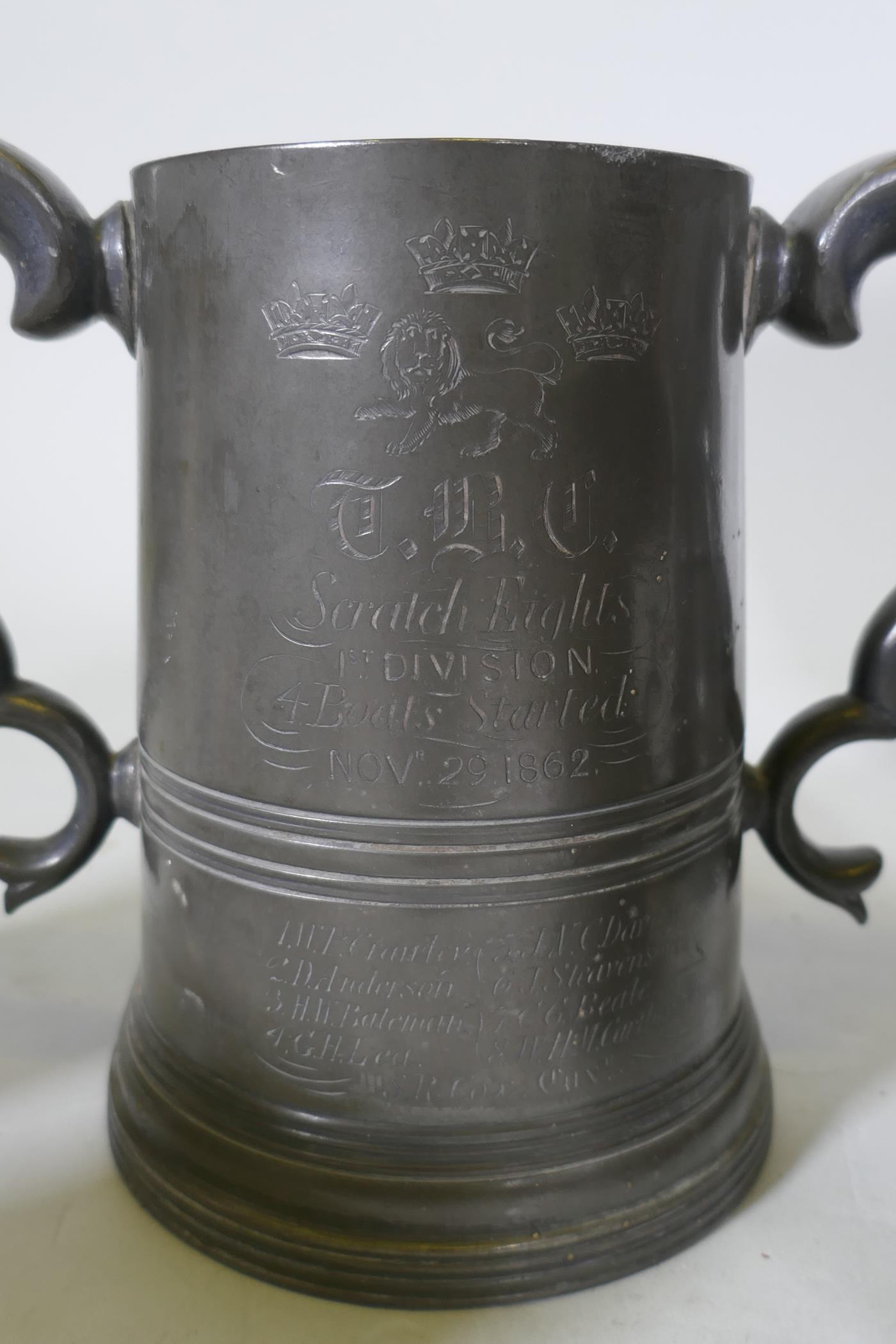 A Victorian pewter rowing trophy, Scratch Eight, 1st Division, November 29, 1862; Selwyn College, - Image 7 of 8