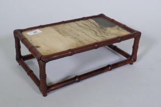 A Chinese hardwood stand, faux bamboo carved with inset hardstone panel, 29 x 18 x 11cm