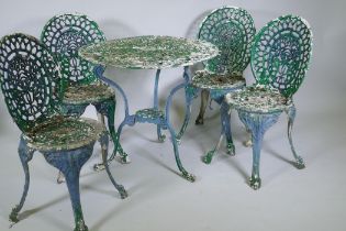 A painted aluminium Coalbrookdale style garden table and four chairs