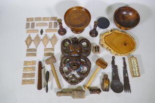 A quantity of treen items, including furniture mounts, hammers, clothes brushes, turned wood