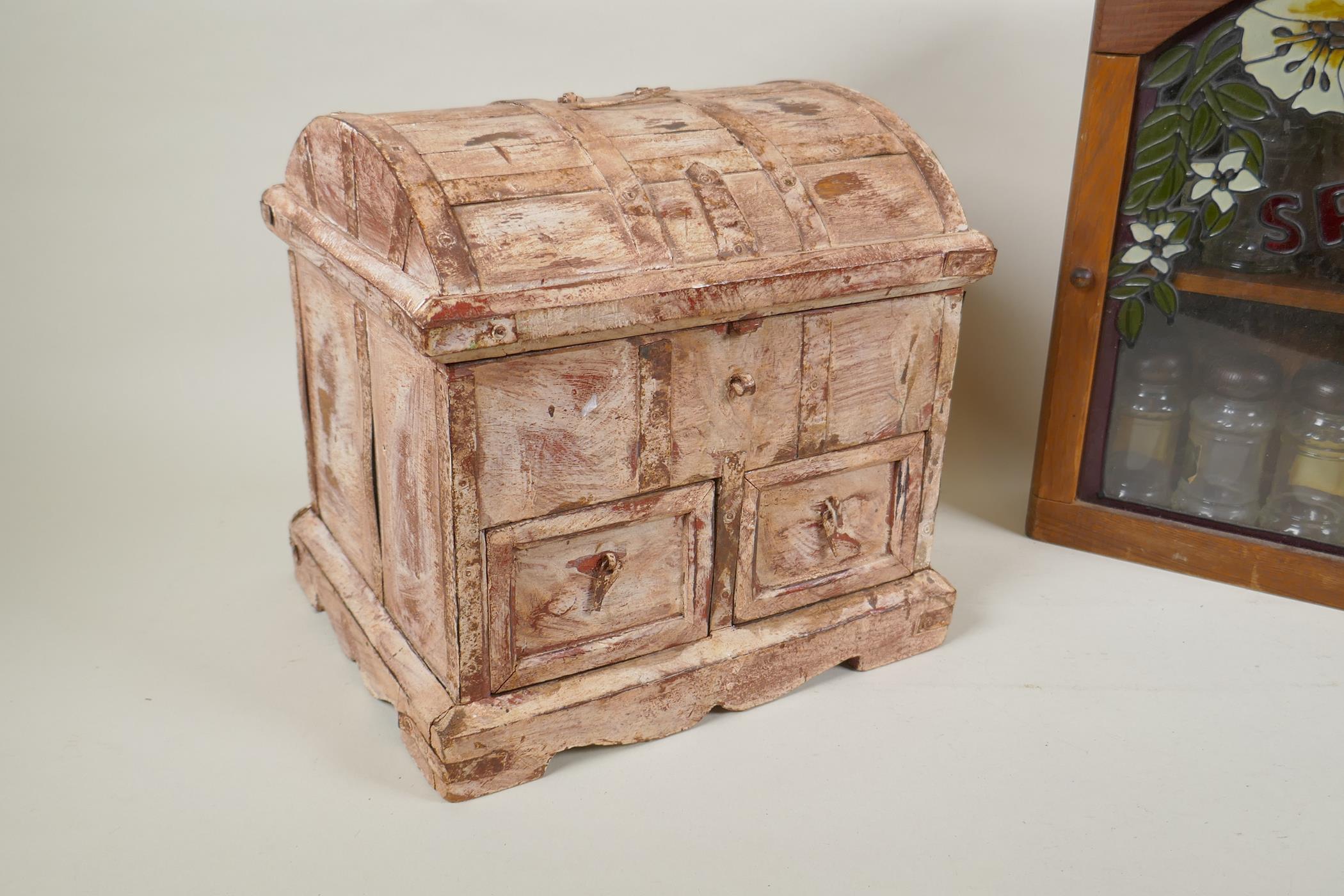 A painted and distressed wood jewellery chest with metal straps, and a hanging glass fronted spice - Image 2 of 4