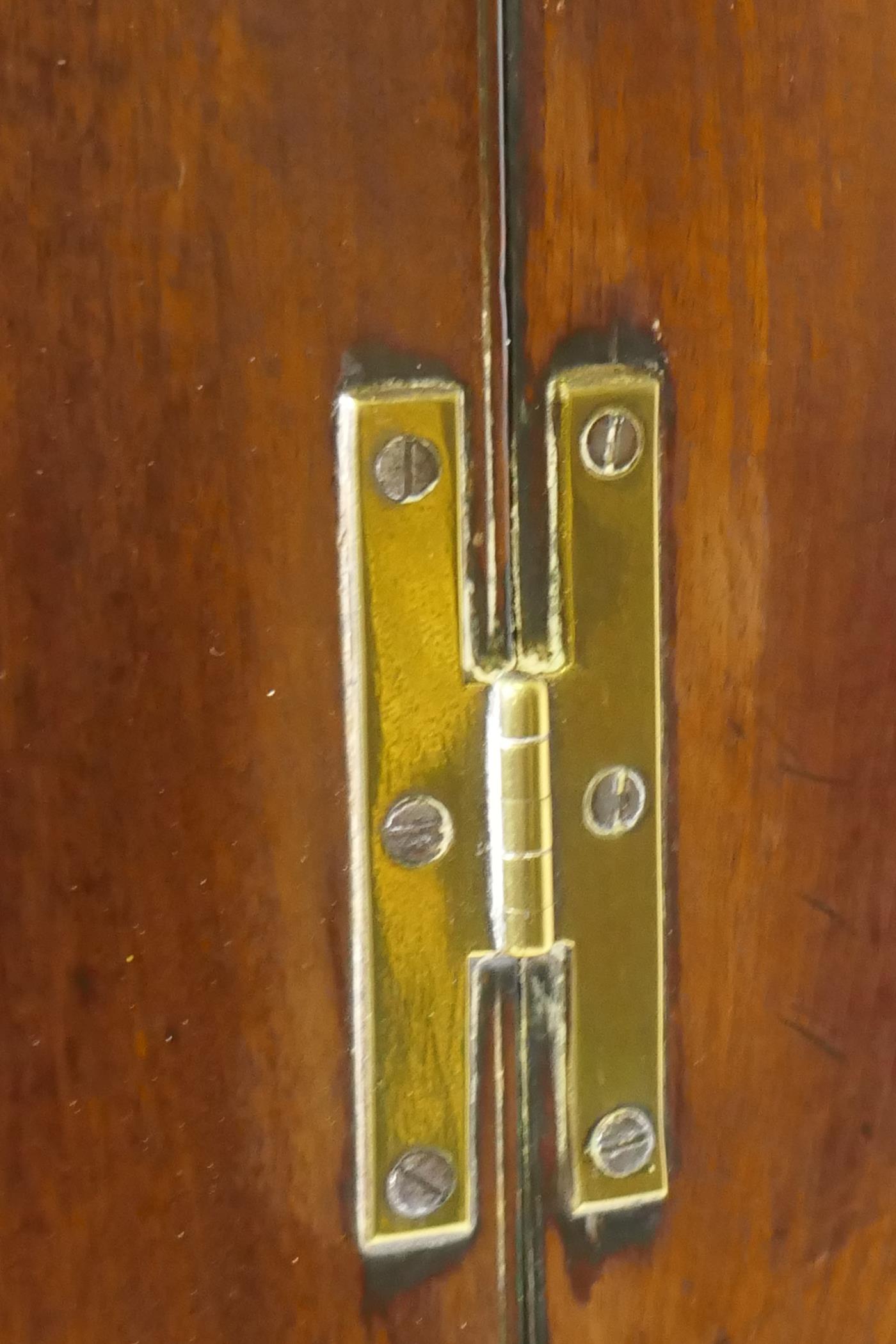 A Georgian mahogany bow fronted hanging corner cupboard, with inlaid decoration, H hinges and - Image 3 of 5