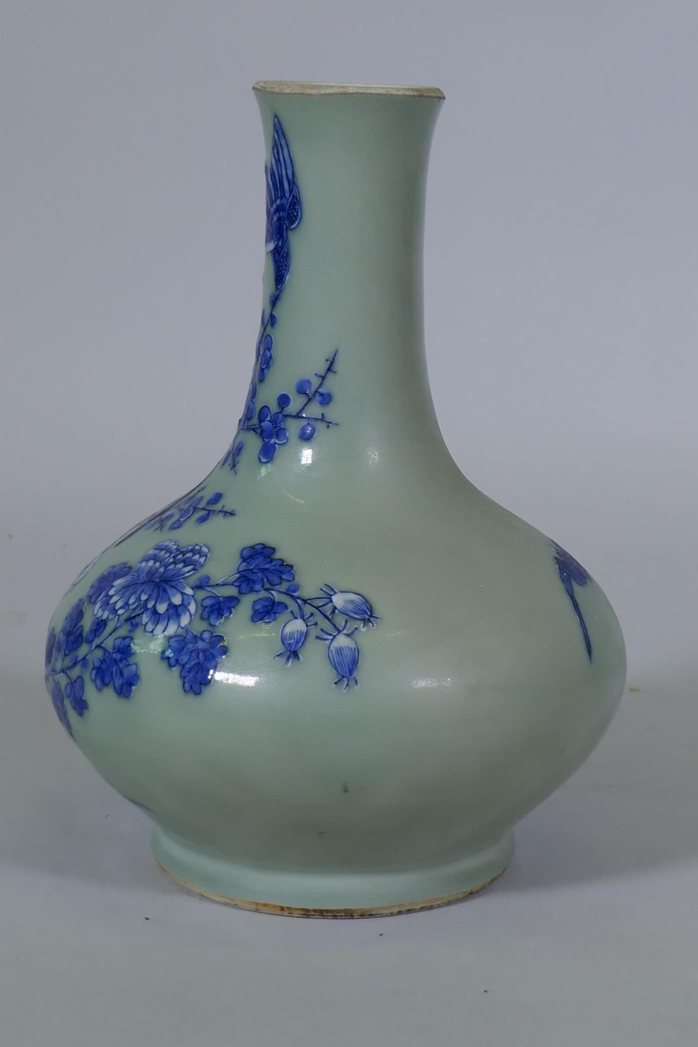 A Chinese celadon glazed vase with raised blue and white decoration of birds and bats, C19th/ - Image 3 of 6