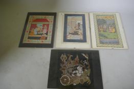 Three Indian watercolours on silk, 24 x 35cm, and a batik