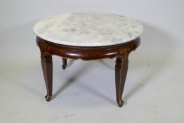 A Chinese lacquered occasional table with gilt decoration and later marble top, 80cm diameter,