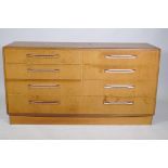 A G-Plan eight drawer teak side cabinet, 143 x 45 x 76cm