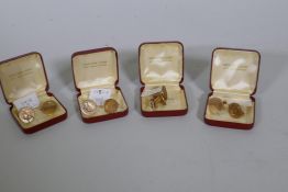 Four sets of 24ct gold plated farthing cufflinks, in boxes