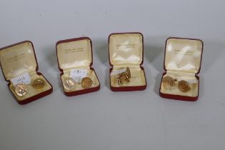 Four sets of 24ct gold plated farthing cufflinks, in boxes