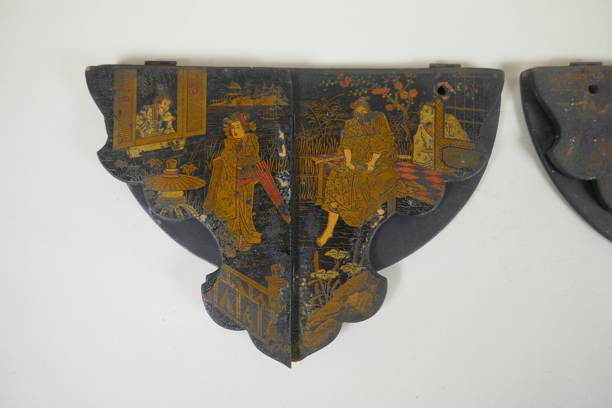 A pair of Japanese export Japanned papier mache folding brackets, decorated with geisha and their - Image 3 of 7