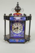 A brass cased portico clock with printed panels and cloisonne decoration, 15 x 21cm high