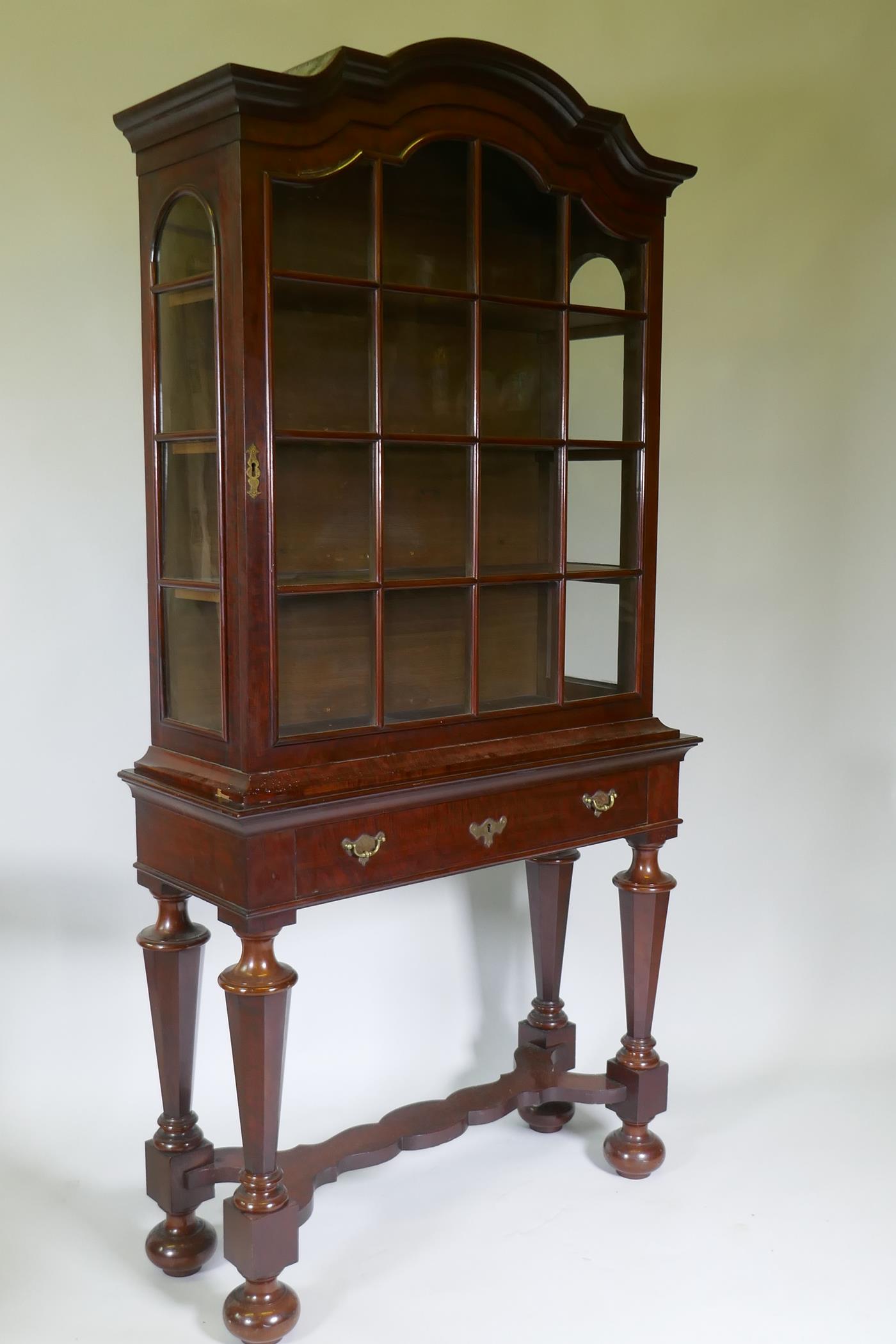 A C19th Dutch mahogany dome topped glazed display cabinet, with single door on a base with one - Image 4 of 8