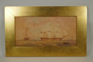 English Man-O-War and other ships on the open sea, early C19th, watercolour, 23 x 47cm