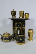 A Burmese black lacquer and gilt table and tea set, table 30cm high