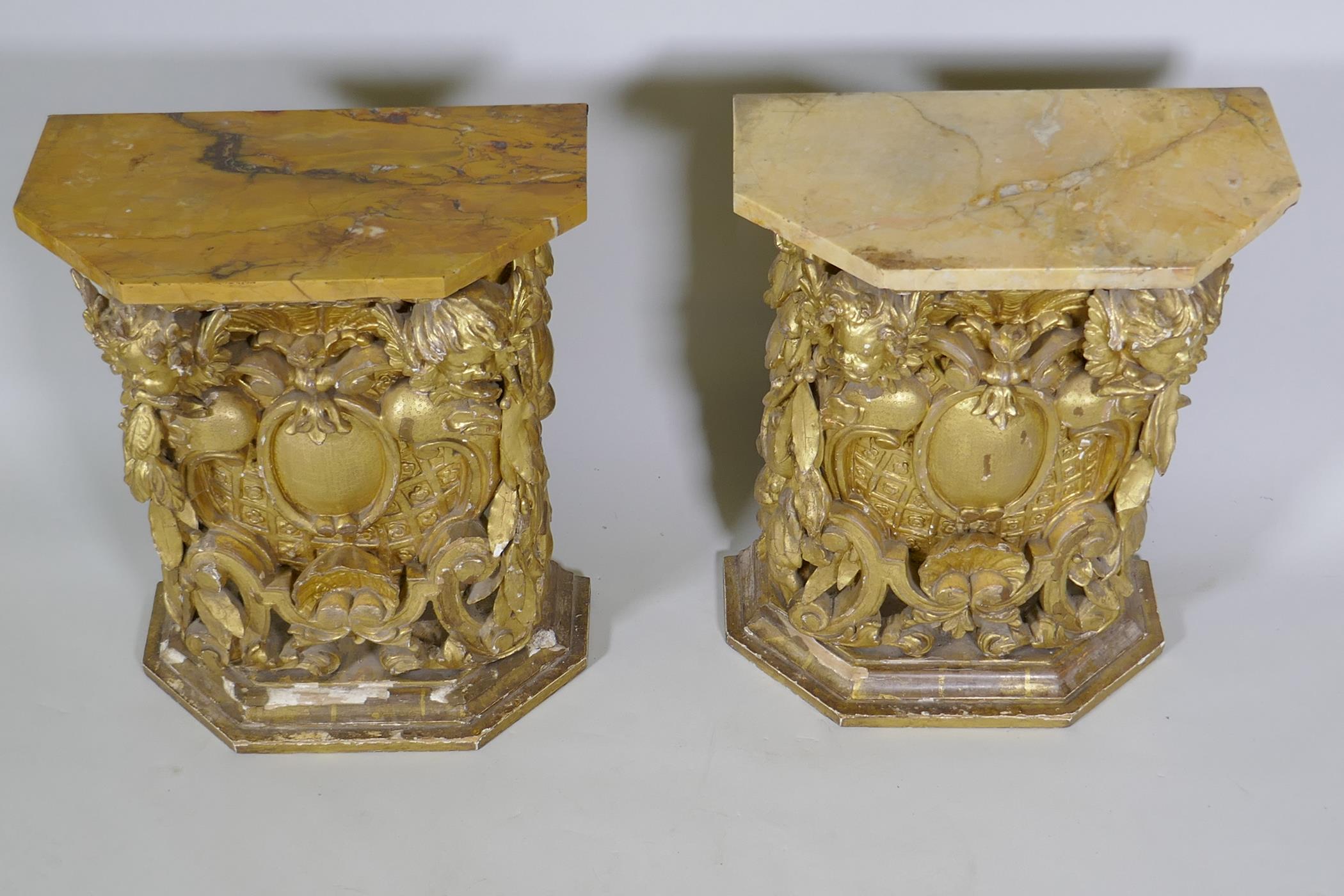 A pair of early C19th carved and giltwood pine pedestals/stands, decorated with winged putti and - Image 3 of 5