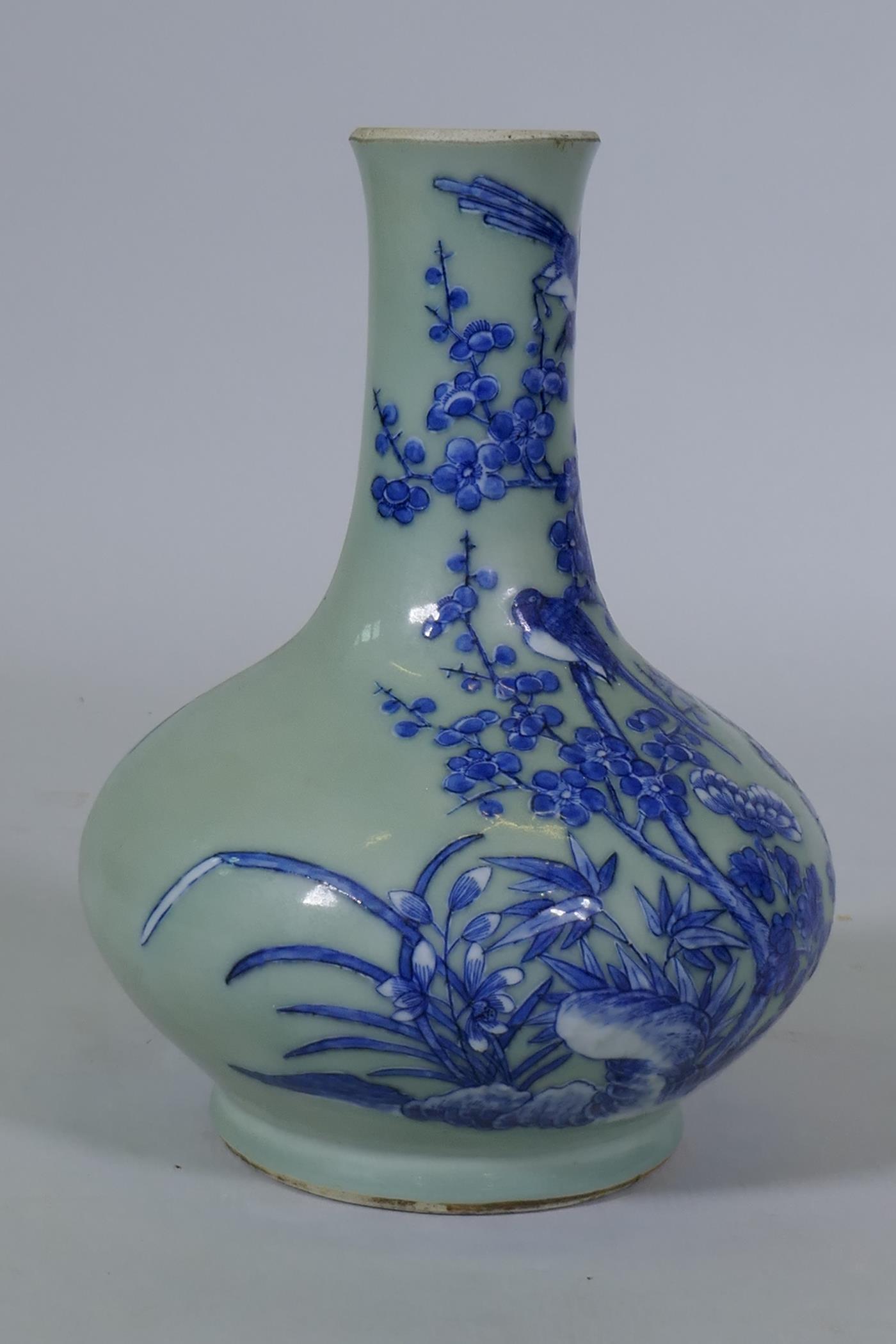 A Chinese celadon glazed vase with raised blue and white decoration of birds and bats, C19th/ - Image 4 of 6