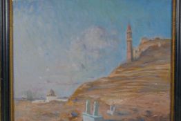 View of an Eastern landscape, signed Bonello, early C20th, oil on canvas loosely laid down, 39 x