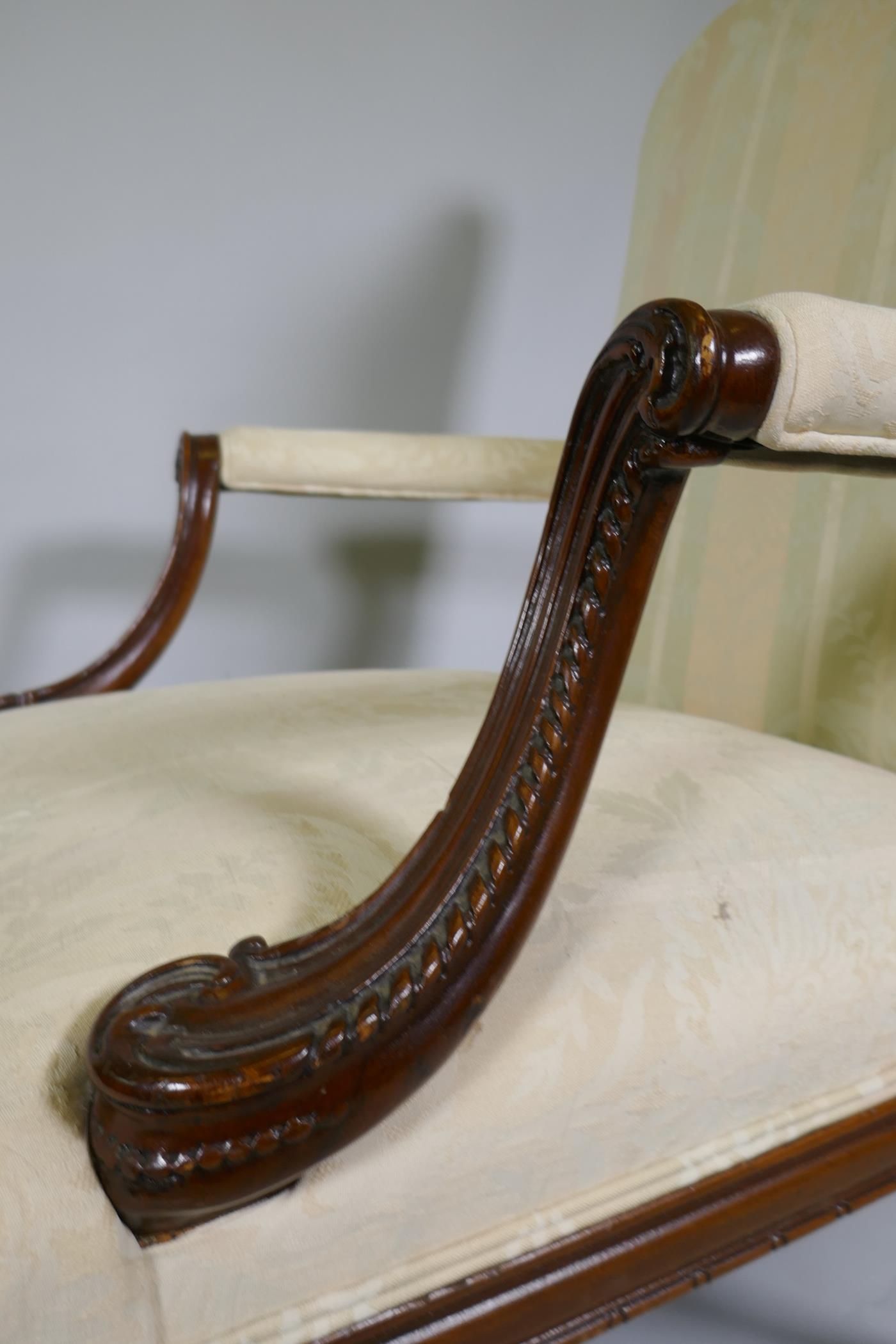 A pr of C18th style Gainsborough chairs with carved decoration and hump backs, raised on cabriole - Image 5 of 5