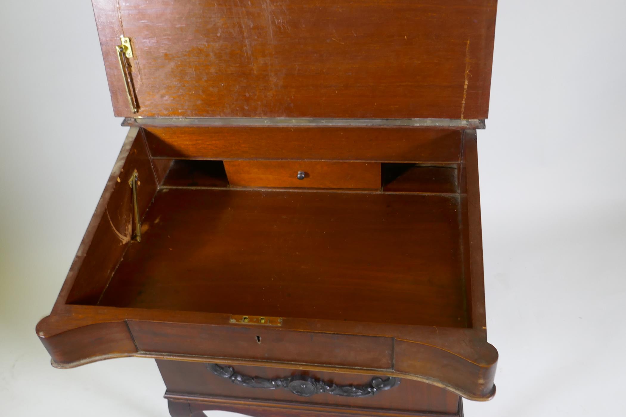 A Victorian mahogany Davenport, lift up top with fitted interior, fall front and three true and - Image 3 of 6