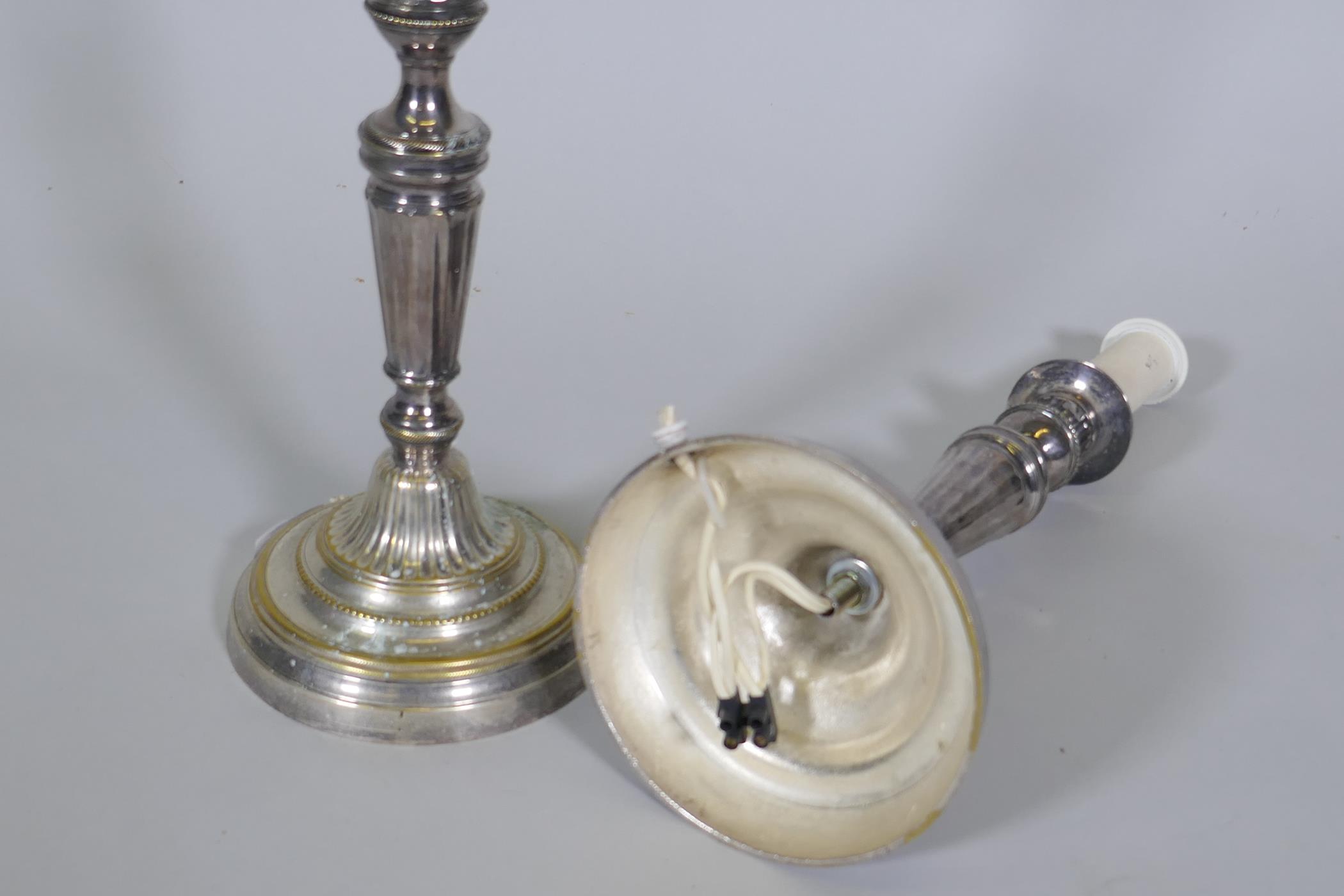 A pair of silver plate candlestick table lamps, 40cm high - Image 3 of 3