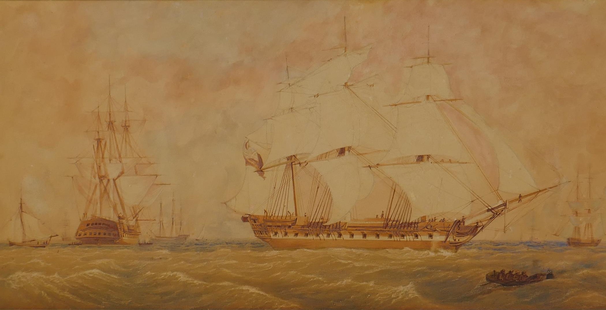 English Man-O-War and other ships on the open sea, early C19th, watercolour, 23 x 47cm - Image 2 of 2