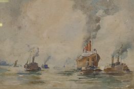 Attributed David A. Baxter, Low Tide, the Queen Mary towed by tugs, labelled verso, watercolour,