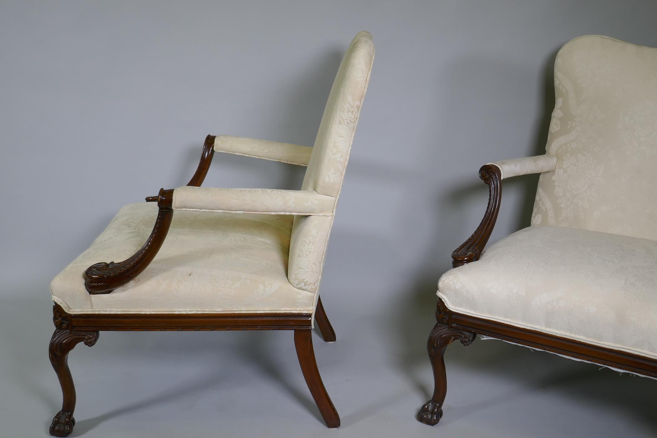 A pr of C18th style Gainsborough chairs with carved decoration and hump backs, raised on cabriole - Image 2 of 5