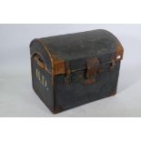 An antique painted canvas and leather dome shaped carriage trunk, 65 x 50 x 60cm