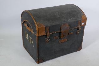 An antique painted canvas and leather dome shaped carriage trunk, 65 x 50 x 60cm