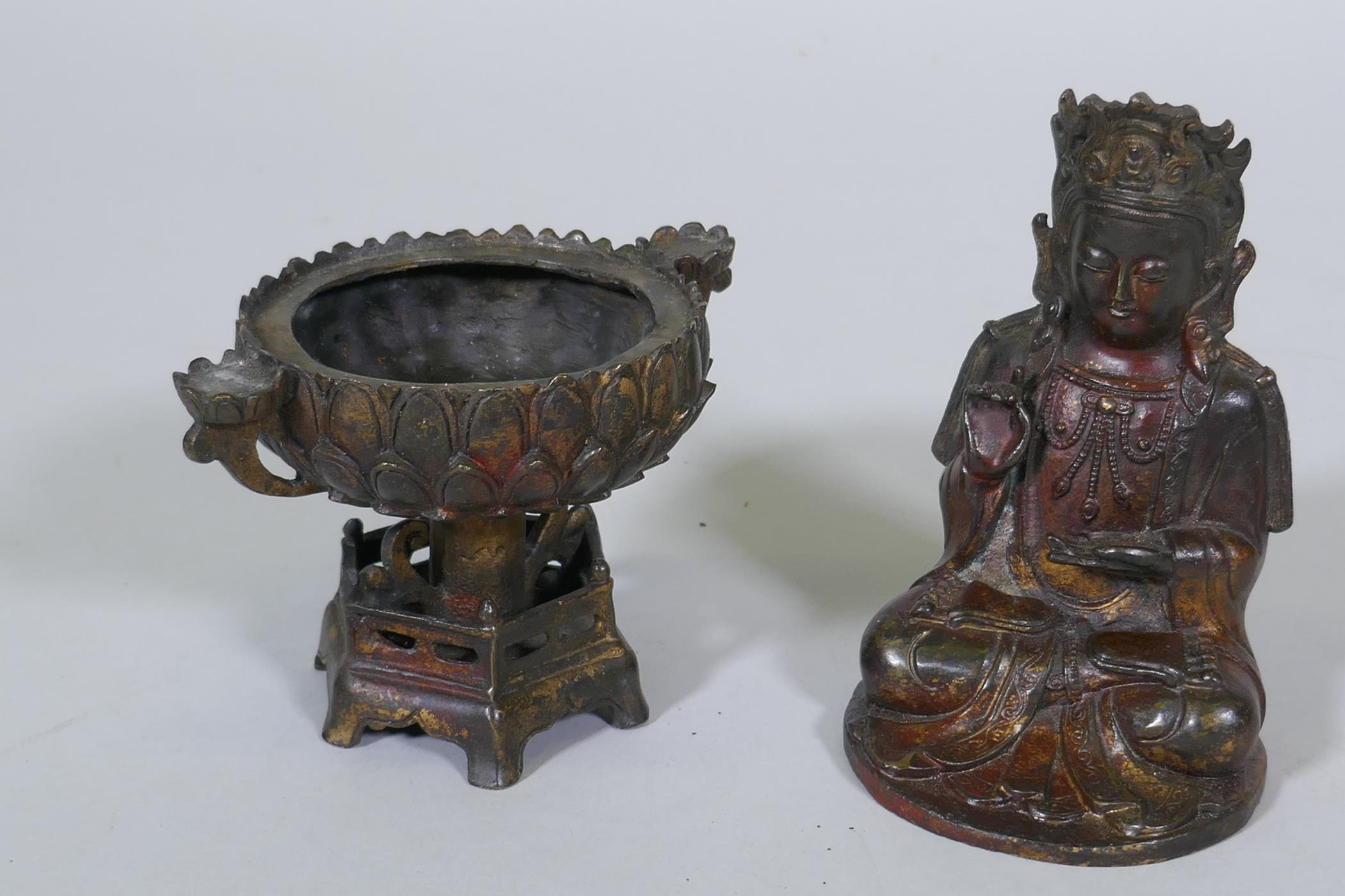 A bronze censer, the cover with seated Buddha, on a lotus bowl, 23cm high - Image 3 of 3