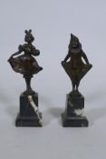 Franz Iffland, a pair of bronze figures, Pierrot and a dancer, mounted on marble bases