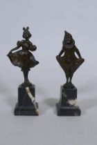 Franz Iffland, a pair of bronze figures, Pierrot and a dancer, mounted on marble bases
