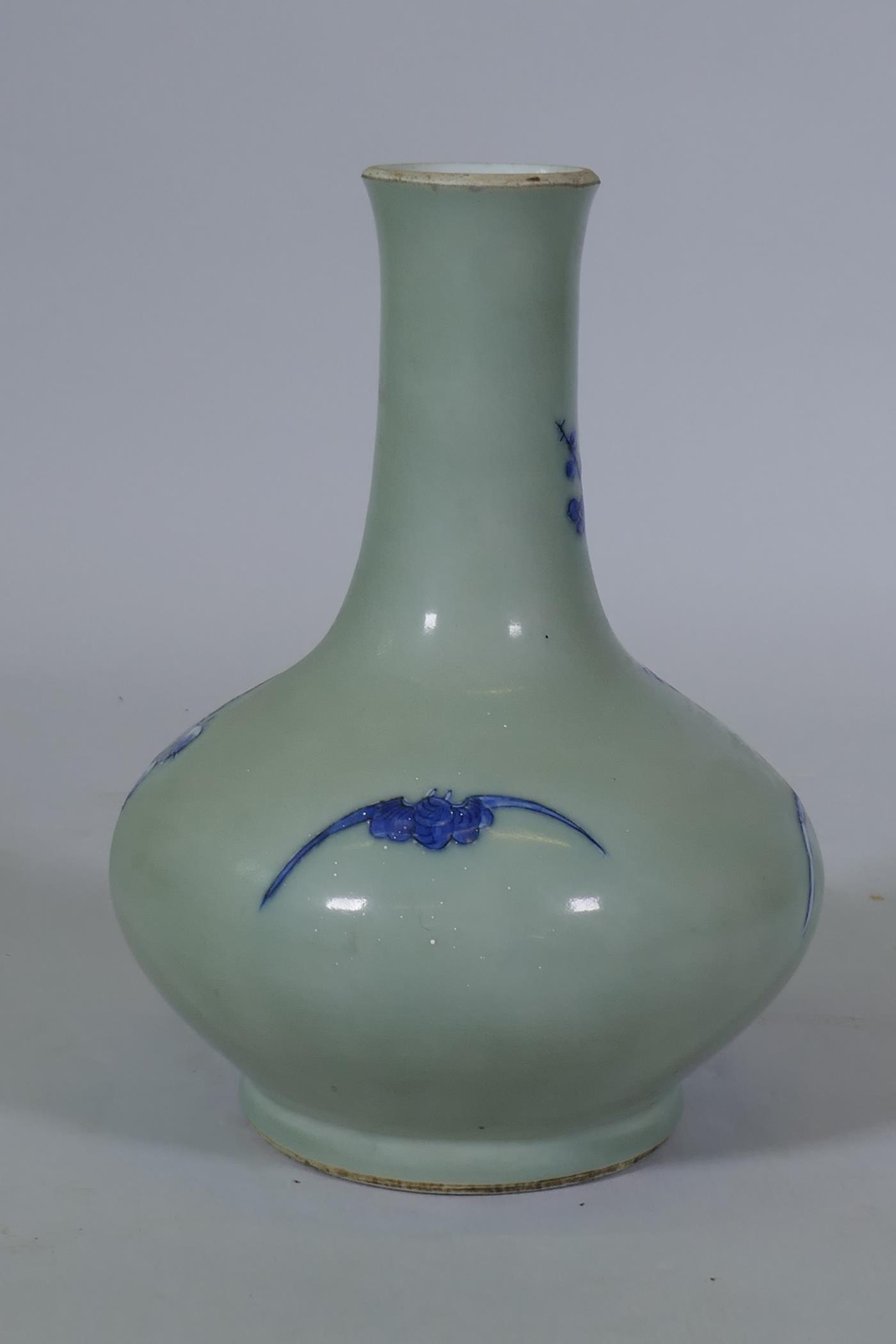 A Chinese celadon glazed vase with raised blue and white decoration of birds and bats, C19th/ - Image 2 of 6