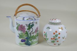 A Chinese polychrome cylinder teapot decorated with birds and chrysanthemums, and a Cantonese