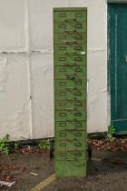 A Roneo vintage painted steel cabinet comprising fourteen slide drawers, 36 x 62 x 187cm