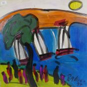 Peter Keil, abstract, figures under a tree, signed and dated 74, oil on board, 61 x 61cm