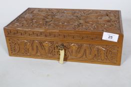 A Kashmiri/Burmese carved box inscribed with the regimental badge of the Bedfordshire Regiment,