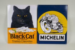 A vintage style 'Black Cat Cigarettes' tin sign and a similar 'Michelin' tin sign, 30 x 40cm