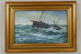 M. Fellows, fishermen hauling in their nets, signed, C19th oil on millboard, 15 x 23cm