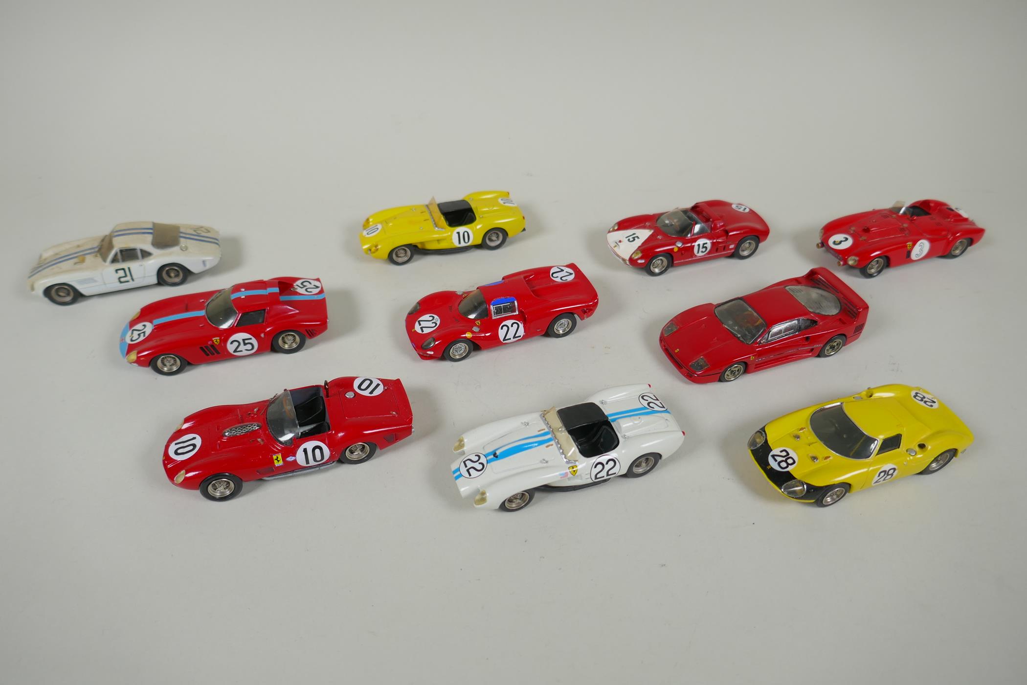 Ten starter 1:43 scale kit built Ferrari models including Ferrari 250 GT, Ferrari Testarossa,