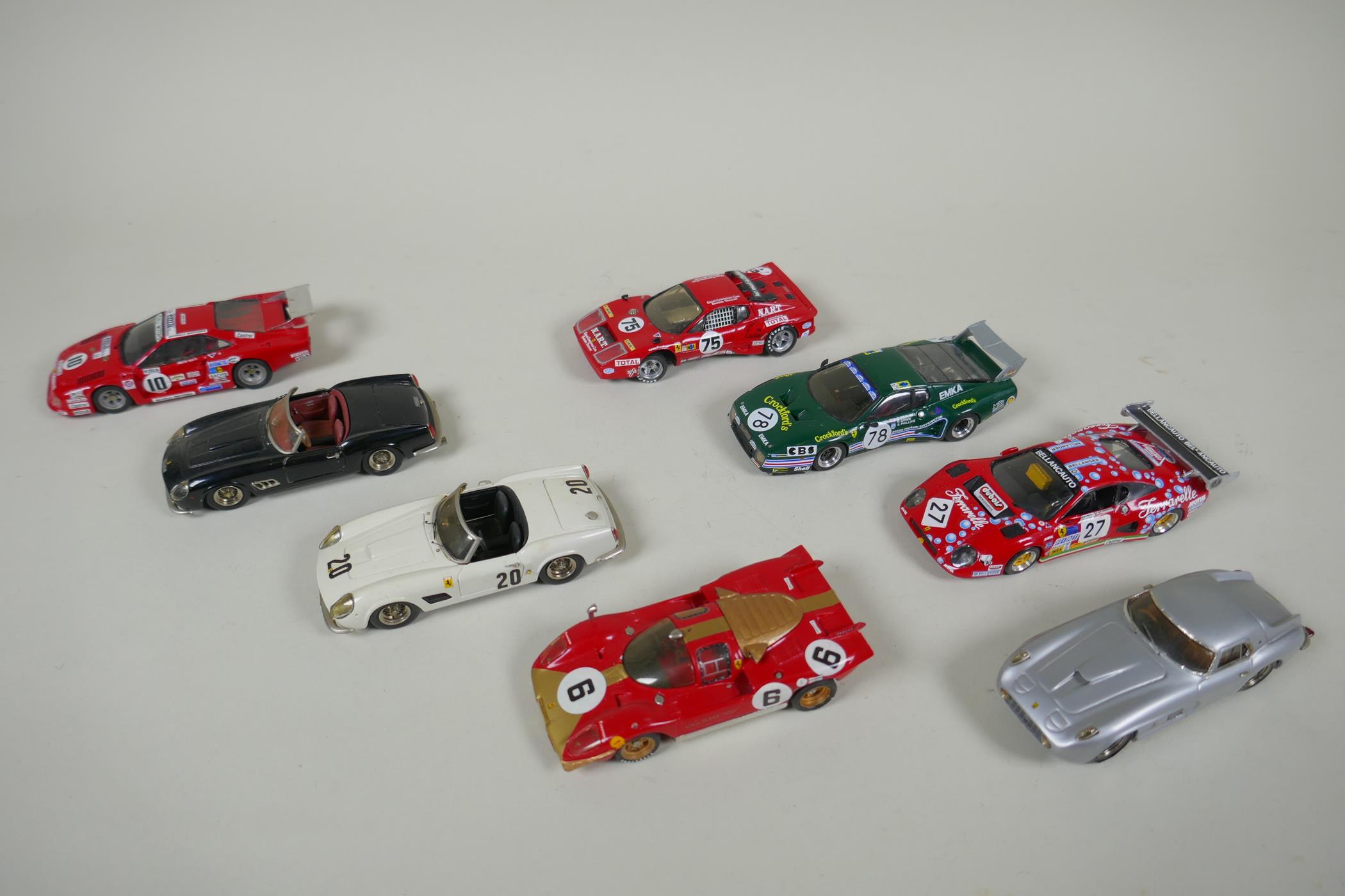 Eight 1:43 scale kit built model Ferrari cars by Hostaro MiniChamps and Meri Kit, including a